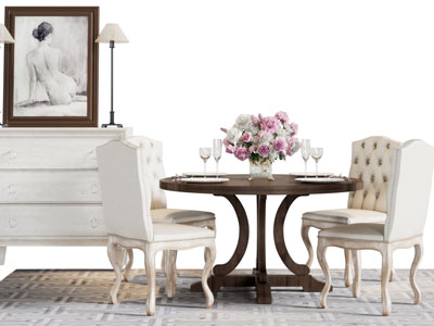 美式实木圆形餐桌椅组合边柜