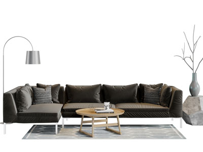 现代黑色转角多人沙发茶几组合