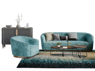 现代轻奢布艺蓝色多人单人沙发茶几组合