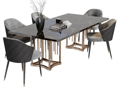 现代轻奢黑色大理石长方形餐桌椅组合