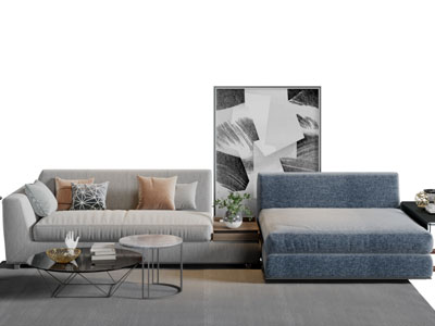 现代嵌入茶几的转角多人沙发