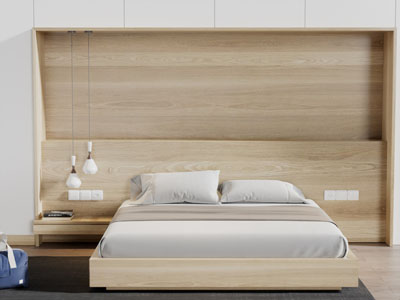 现代实木带床头背景墙的双人床