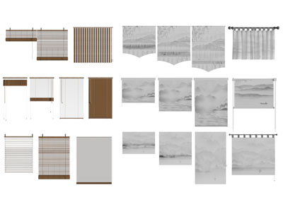 新中式山水图案的布帘挂帘拉帘3d模型 新中式山水图案的布帘挂帘拉帘