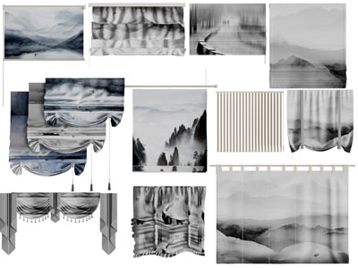 新中式装饰山水的拉帘卷帘罗马帘3d模型 新中式装饰山水的拉帘卷帘罗马帘