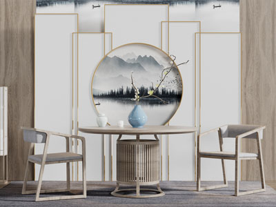 新中式实木圆形餐桌椅组合