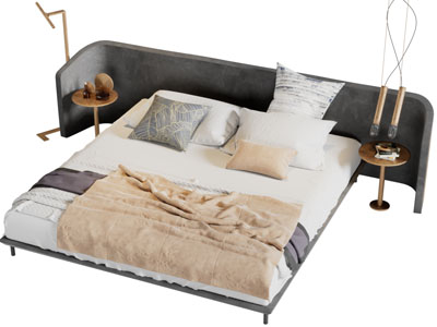 后现代黑色加宽弧形床头的双人床