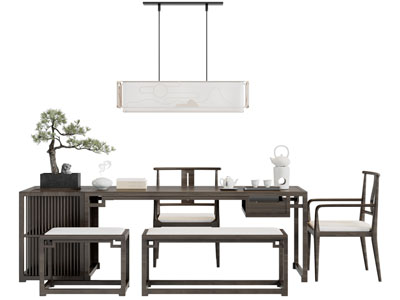 新中式实木茶桌长凳盆景