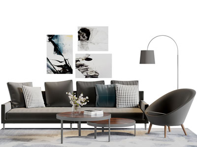 现代灰色加长多人沙发休闲椅子茶几组合