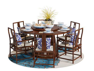 中式实木圆形餐桌椅组合