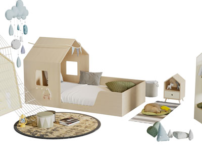 现代儿童木屋造型的单人床