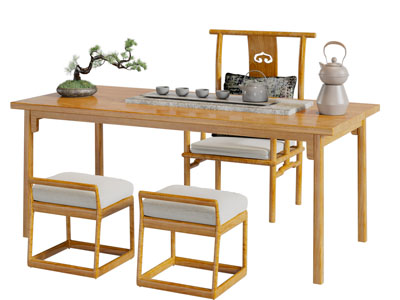 新中式实木长方形茶桌椅组合