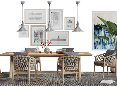 东南亚实木长方形餐桌椅组合