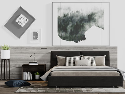 现代黑色布艺双人床