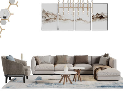 新中式布艺转角多人单人沙发茶几组合