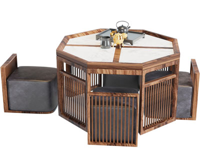 新中式实木八边形茶桌椅组合