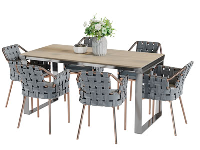 现代搭配编织椅子的长方形餐桌