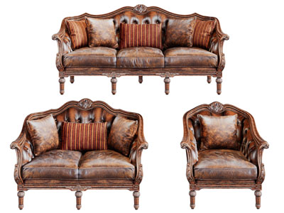 欧式棕色皮质雕花边框的三人双人单人沙发