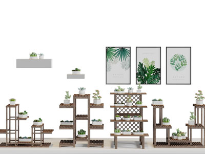 北欧实木多层错层花架盆栽植物3d模型 北欧实木多层错层花架盆栽植物