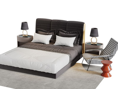 现代双人床床头柜休闲椅子