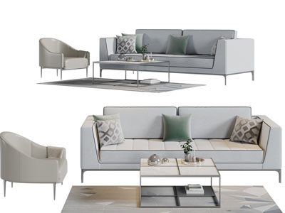 新中式灰白色多人沙发休闲椅子茶几组合