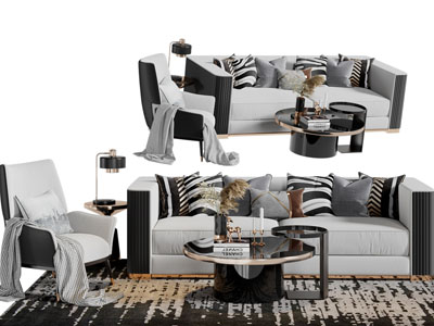 新中式撞色多人沙发休闲椅子茶几组合