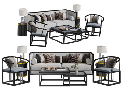 新中式多人单人沙发茶几组合