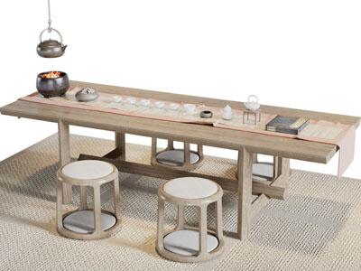 新中式实木长方形茶桌圆凳子