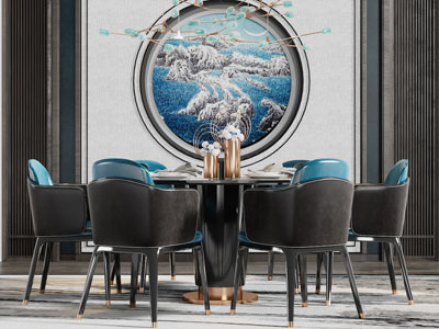 新中式黑色圆形餐桌椅组合