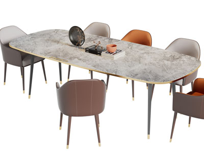 新中式椭圆形大理石台面餐桌椅组合