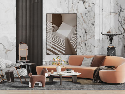 现代轻奢弧形多人沙发休闲椅子茶几组合