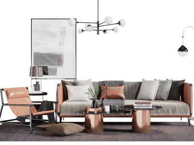 现代撞色多人沙发休闲椅子茶几组合