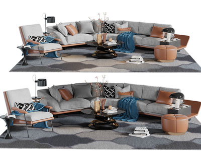 现代橙色拼接灰色弧形多人沙发休闲椅子茶几组合