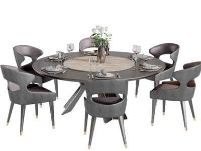 新中式灰色圆形带转盘的餐桌椅组合