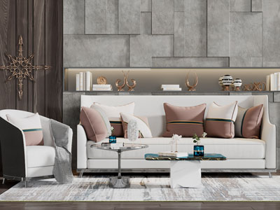 新中式多人单人沙发茶几组合