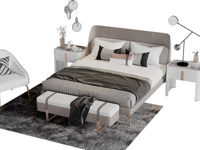 新中式带弯角床头的双人床床尾凳