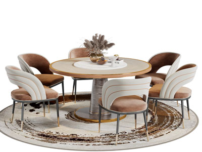 新中式圆形带转盘的餐桌椅组合