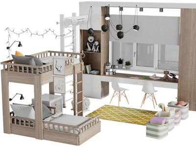 现代实木上下铺书桌椅组合