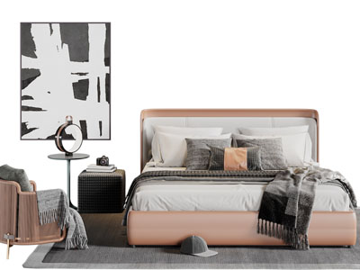 新中式橙色皮质双人床