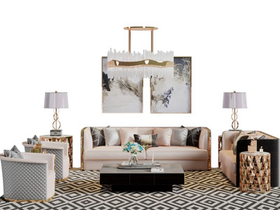 新中式多人双人单人沙发茶几组合