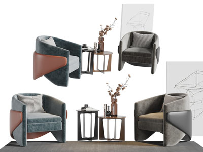 新中式单人沙发茶几组合3d模型 新中式单人沙发茶几组合