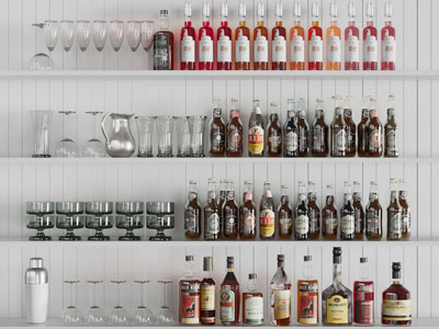 现代置物架上的酒瓶酒杯3d模型 现代置物架上的酒瓶酒杯