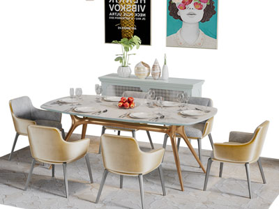 现代轻奢椭圆形餐桌椅组合边柜