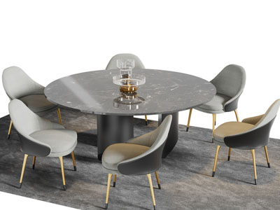 新中式圆形黑色大理石餐桌椅组合