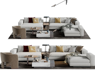 新中式布艺转角多人单人沙发茶几组合