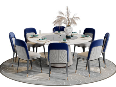 新中式圆形白色大理石餐桌椅组合