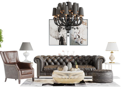 美式软包真皮多人单人沙发茶几组合