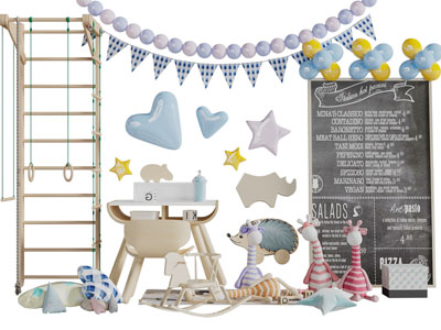 北欧实木儿童桌椅木马玩具玩偶梯子