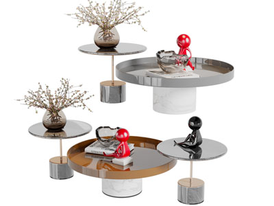 新中式圆形托盘茶几角几3d模型 新中式圆形托盘茶几角几