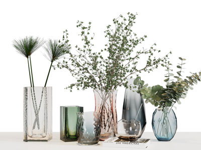 现代彩色透明玻璃花瓶花卉3d模型 现代彩色透明玻璃花瓶花卉