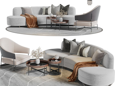现代弧形多人沙发单人沙发茶几组合